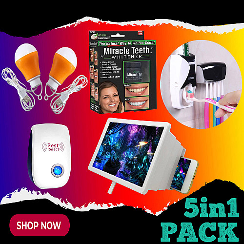 5in1 Combo Pack | Toothpaste-Dispenser| 3D Mobile Cinema| 2pcs Usb Bulb| Teeth Whitener| Pest Repellant