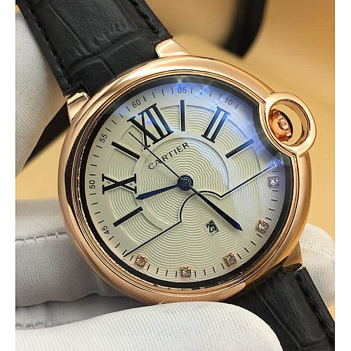 Cartier Causal Black Leather Gold Crest Watch Ct811