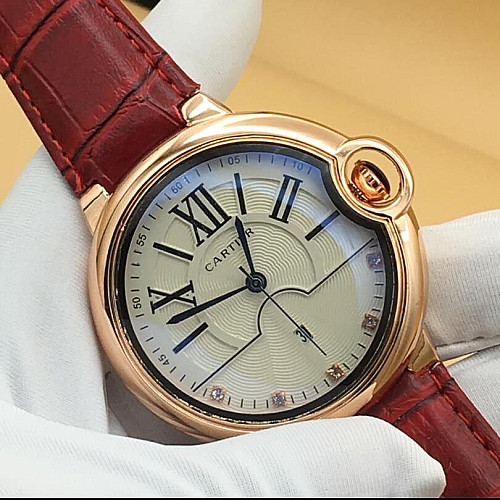 Cartier Causal Red Leather Gold Crest Watch Ct812