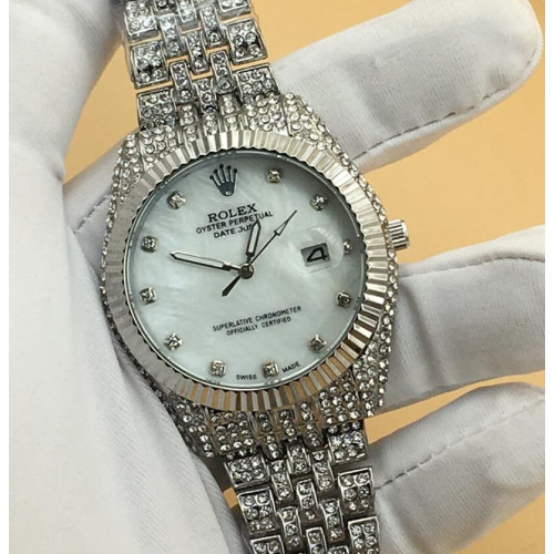 Rolex Stonned Silver Crest Watch Rx818